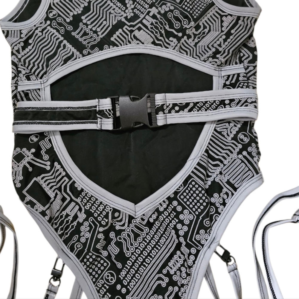 Awesome Reflective Circuit Rave Dance Wear Bodysuit With Leg Straps & Belt - Picture 2 of 14